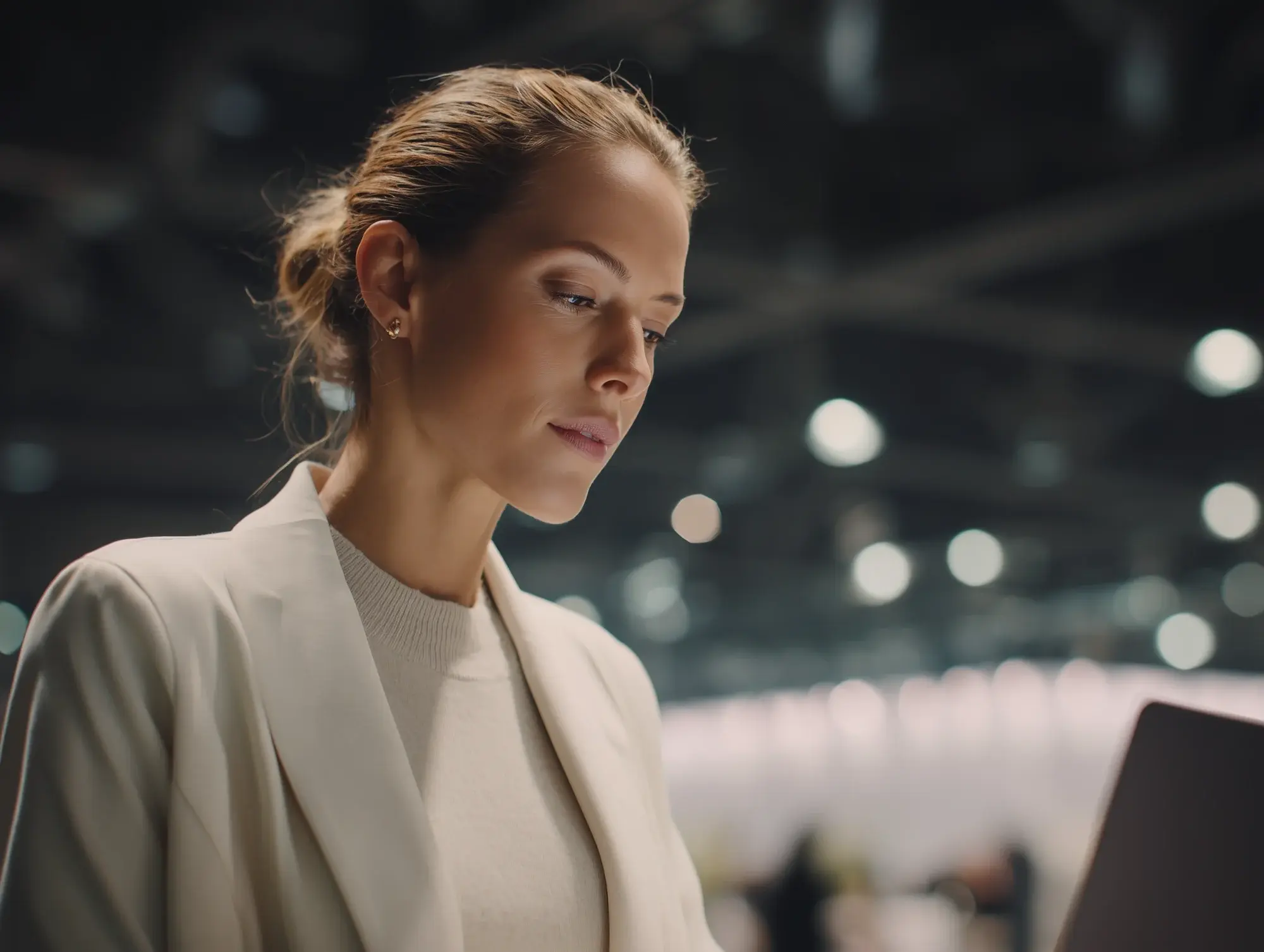 Professional woman with hair in a bun wearing a cream blazer over a light sweater, focused on her laptop screen in a modern conference or event space with soft bokeh lights in the dark background.