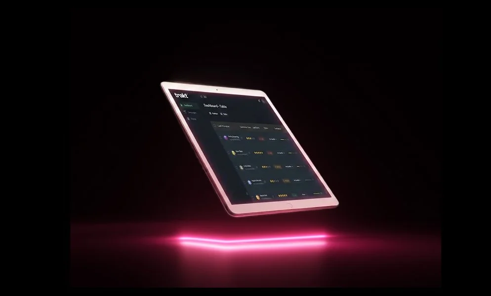 Tablet displaying a dark-themed analytics dashboard for automatic attribution, floating at an angle against a black background with a glowing pink light streak beneath it.
