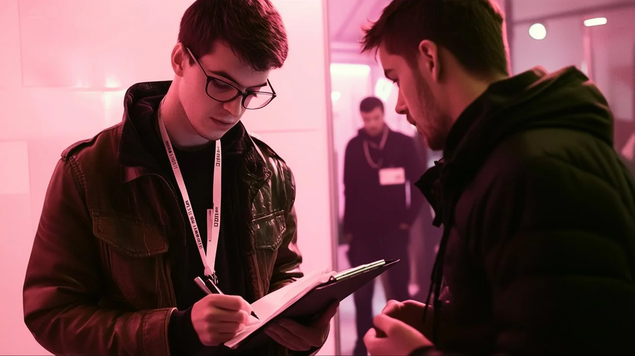 Tradeshow booth staff member wearing a lanyard writing on a clipboard while speaking with an attendee, bathed in pink ambient lighting with other attendees visible in the background haveing offline tradeshow interactions.