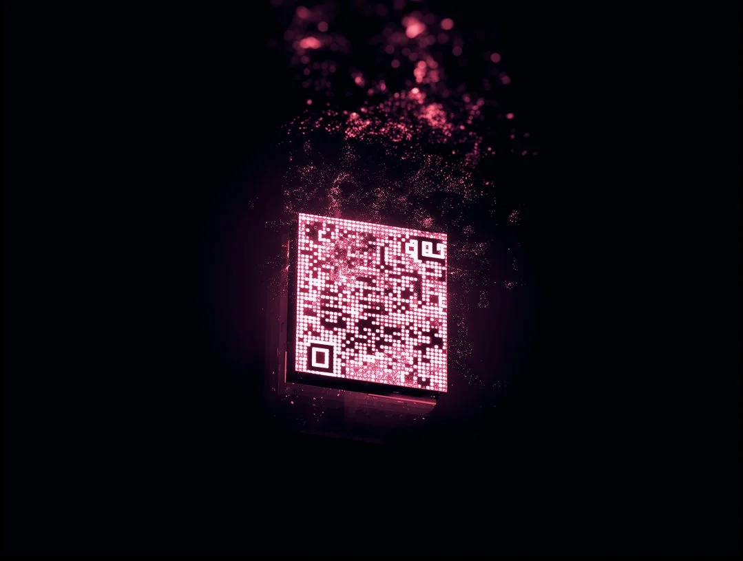 Pink tradeshow qr code tracking pink particles across a dark black background.