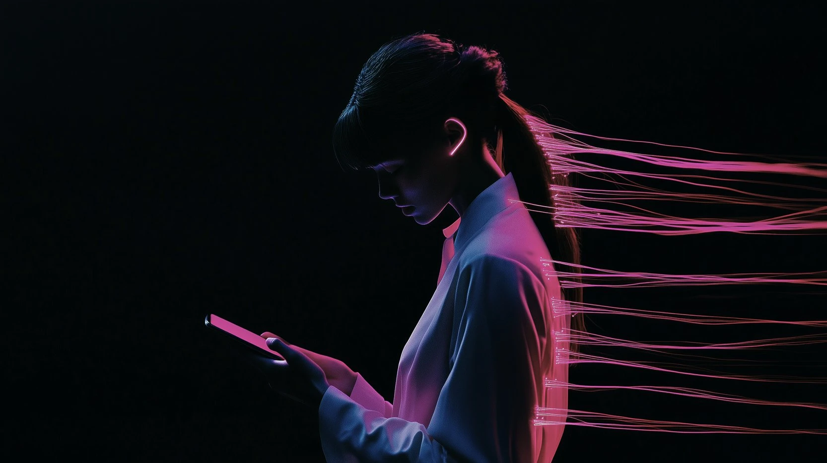 Side profile of a woman looking at a smartphone with glowing pink digital data streams flowing from behind her against a dark background.