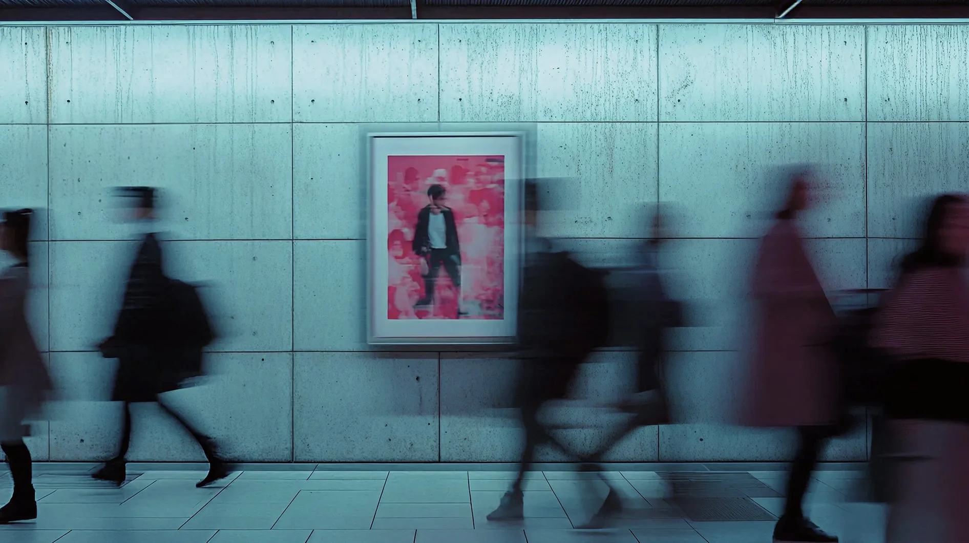 Motion-blurred pedestrians walking past a pink advertising poster on a concrete subway or transit station wall, with cool teal lighting overhead.