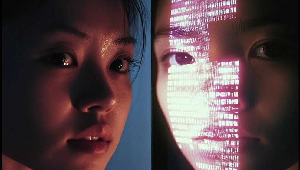 Split image of a woman's face, left side naturally lit, right side overlaid with glowing pink digital data code, representing the digitization of in-person interactions.