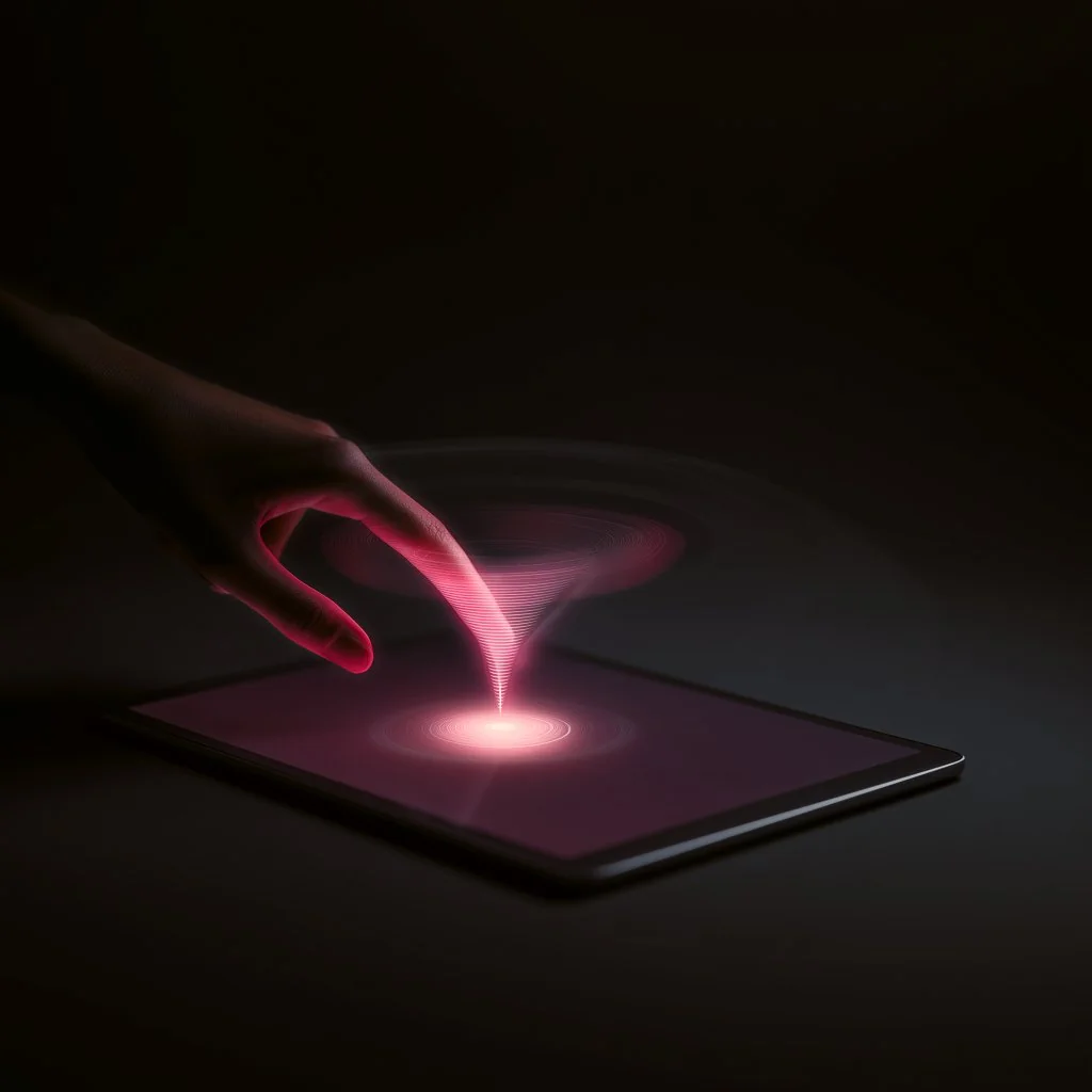 Hand with finger touching a tablet screen, creating a glowing pink holographic sales funnel that spirals upward from the display against a dark background.