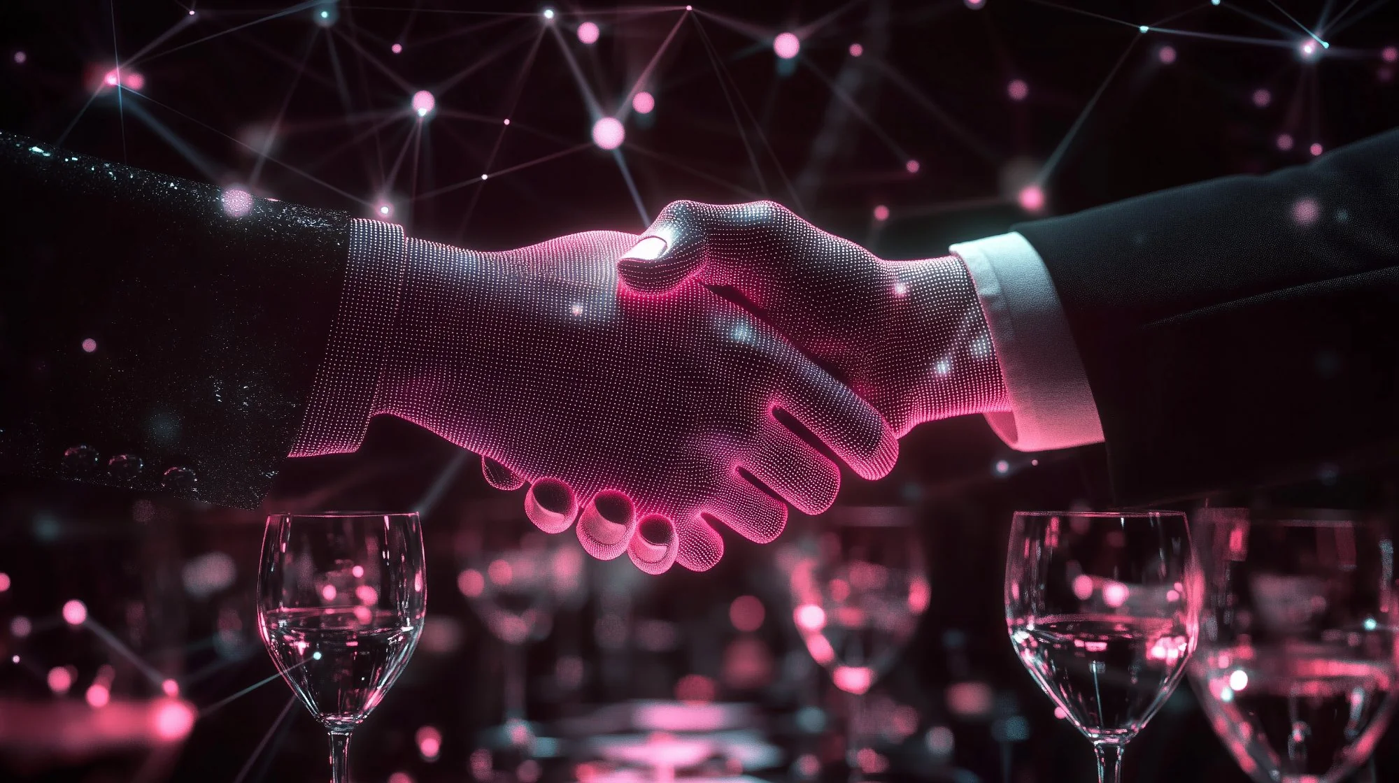 Digital wireframe handshake between two business professionals with glowing pink network nodes and connection lines in the background, wine glasses visible below, symbolizing tracking tradeshow networking.