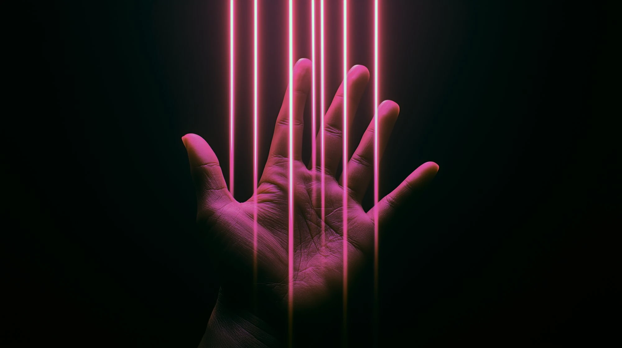 Open hand reaching upward with vertical pink neon light beams passing through the fingers against a dark background.