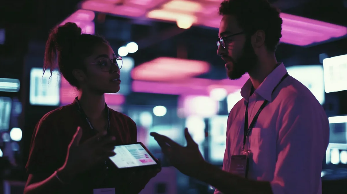 Two professionals wearing lanyards having a conversation at a tradeshow, one holding a tablet, with pink and purple booth lighting in the background.