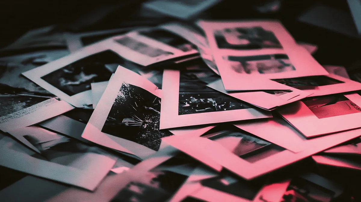 Scattered pile of polaroid photographs lit with pink and teal lighting, representing collected touchpoints and campaign memories.