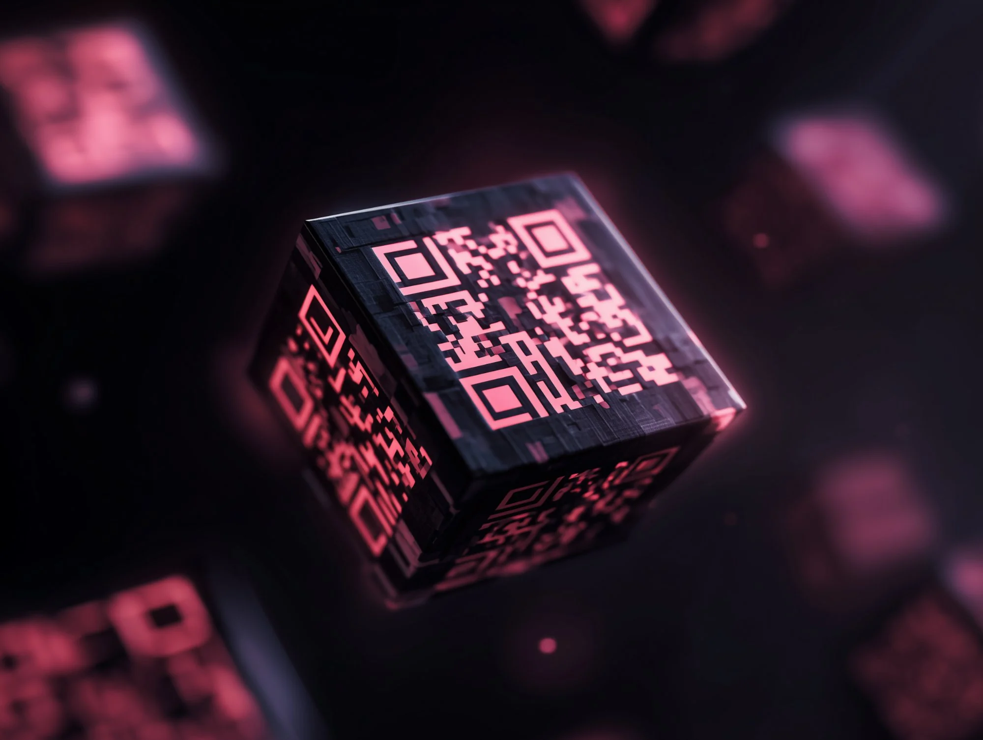 Glowing pink QR code cube floating in dark digital space.