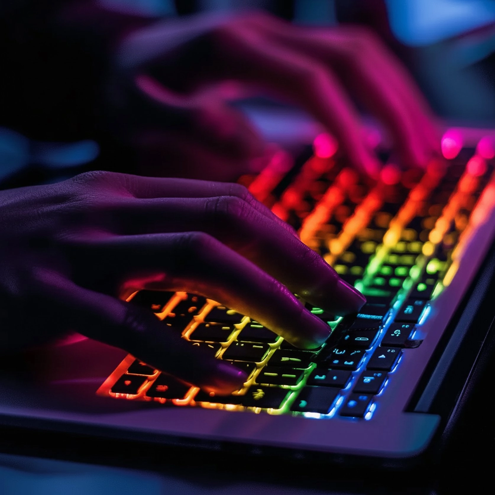 Hands typing on a gaming laptop keyboard with vibrant RGB rainbow backlighting in a dark room, showing red, orange, yellow, green, and blue illuminated keys with motion blur effect on the fingers.