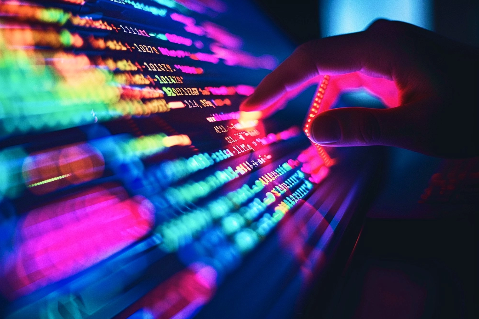 Hand touching a digital screen displaying colorful lines of code and data with neon pink, blue, green, and yellow hues, representing UTMs used in Google Ads tracking.