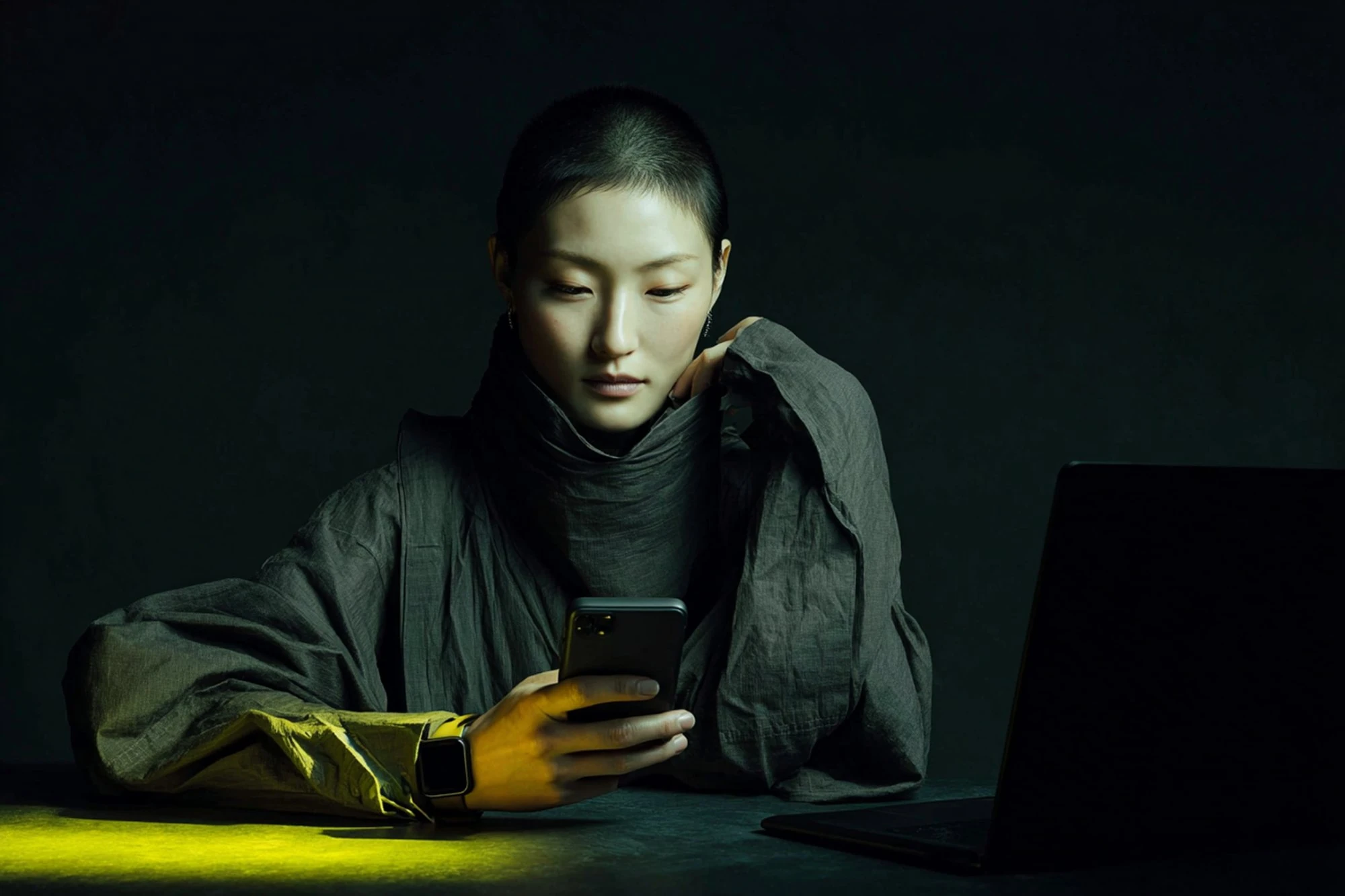 Woman in gray clothing looking at a smartphone with yellow light illuminating her hand, tracking snapchat campaigns, sitting at a desk with a laptop in a dark moody setting.