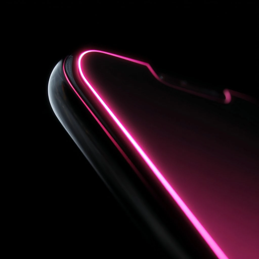 Extreme close-up of a smartphone edge with a glowing pink neon line along its curved corner against a black background.