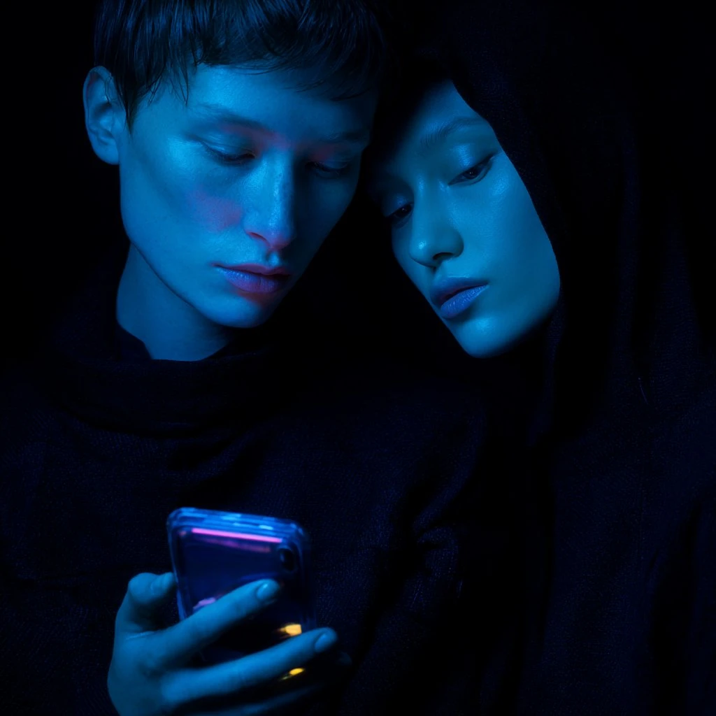 Two people with heads close together looking down at a smartphone, their faces bathed in blue light from the screen against a dark background