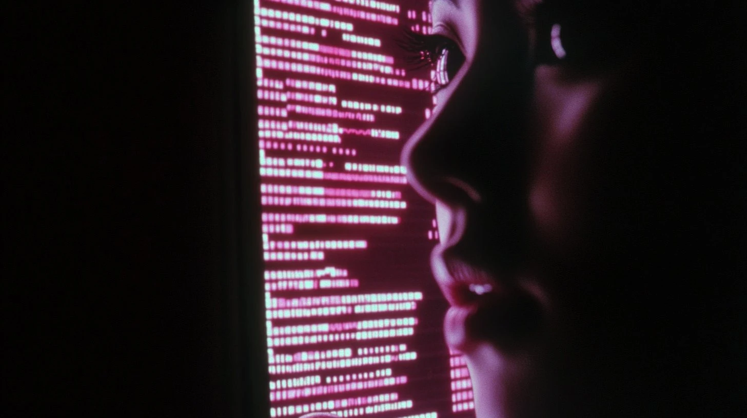 Profile silhouette of a woman's face illuminated by pink lines of utm parameters used for tiktok campaign tracking, in a dark room, retro film aesthetic.