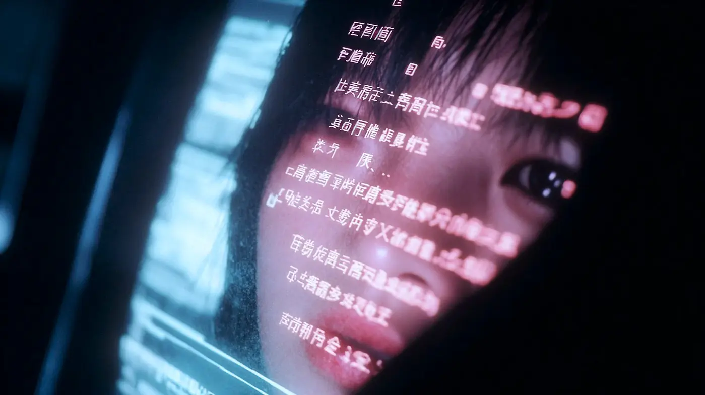 Close-up of smartphone screen displaying tiktok utm parameters in pink and white against dark background with blue ambient lighting, showing blurred digital interface content