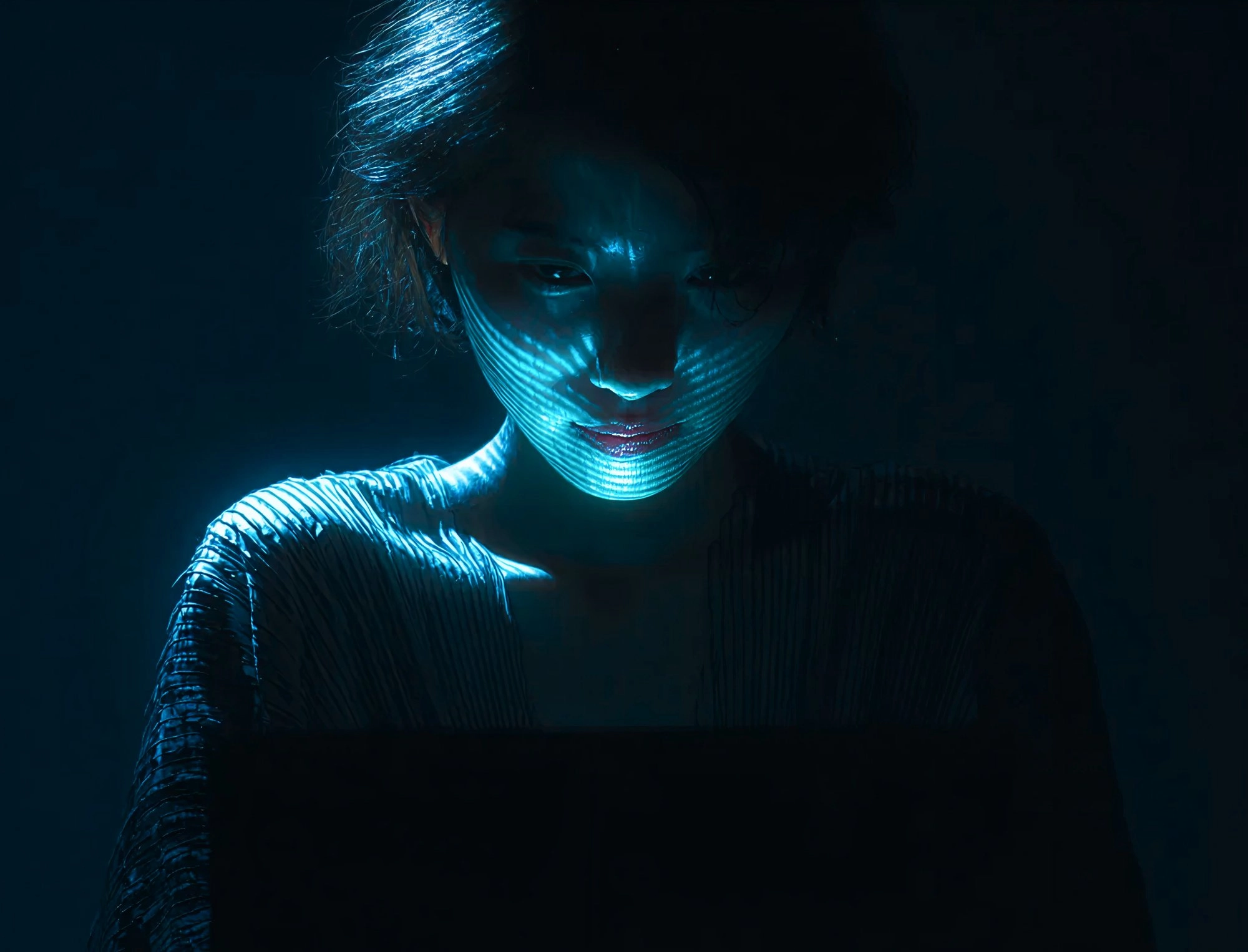 Portrait of a woman in a dark setting with horizontal lines of cyan blue light projected across her face, neck, and shoulders, creating a striking digital data visualization effect reminiscent of screen reflections or barcode patterns.