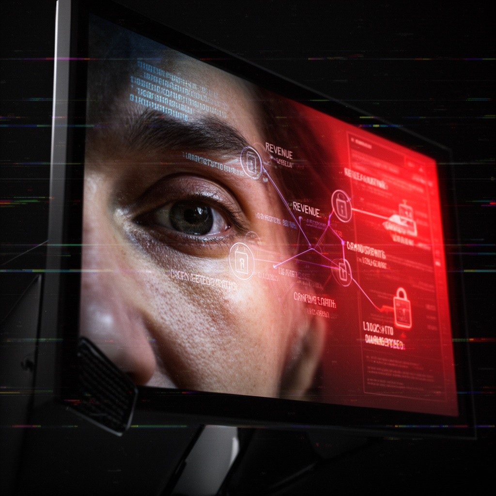 A close up with a man on a red screen with youtube campaign tracking statistics around him.