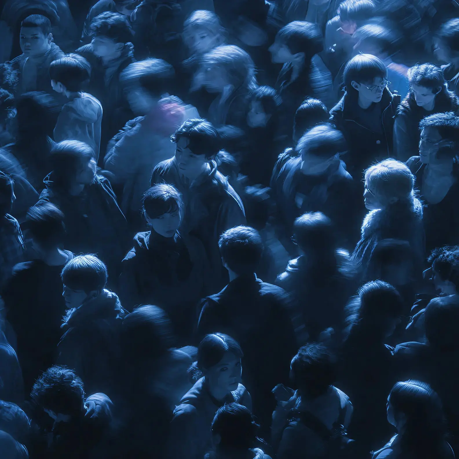 An aerial view of a dense crowd of people bathed in deep blue light, with motion blur suggesting movement. Scattered highlights illuminate individual faces amid the dark, atmospheric scene.