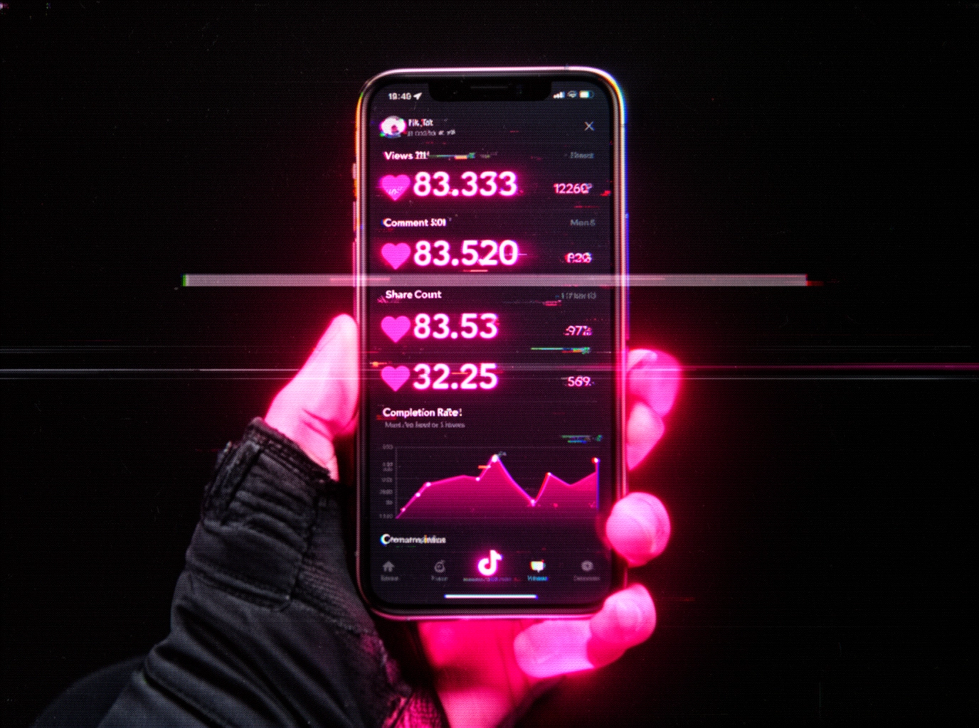 a hand holding up a phone showing the native TikTok analytics dashboard
