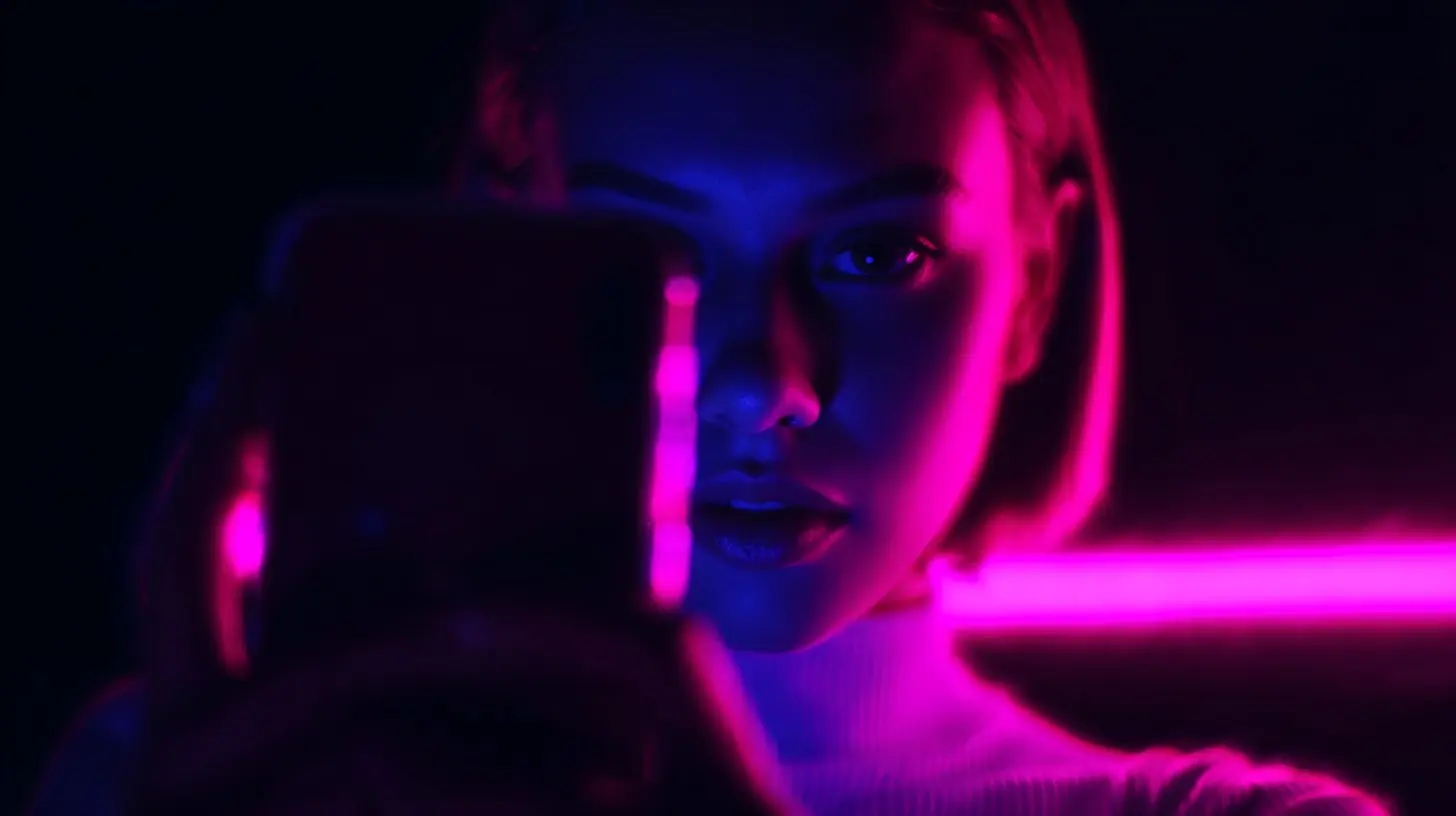 A close-up of a young woman holding a smartphone up to her face in a dark room, her expression intense as vivid magenta neon light and deep blue tones illuminate her features from the side.