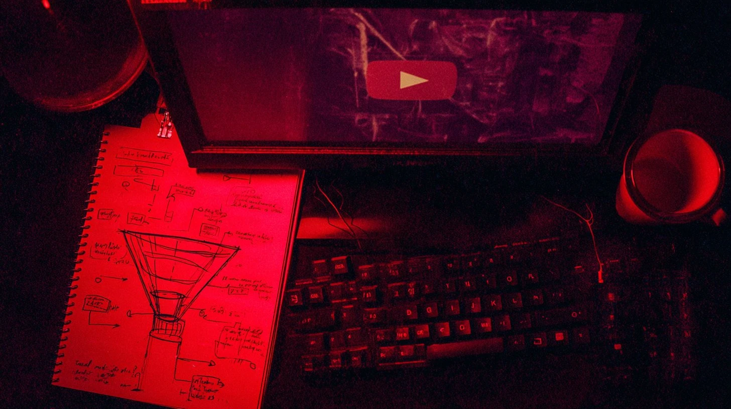 Youtube utms on a monitor and a drawing of a funnel next to it